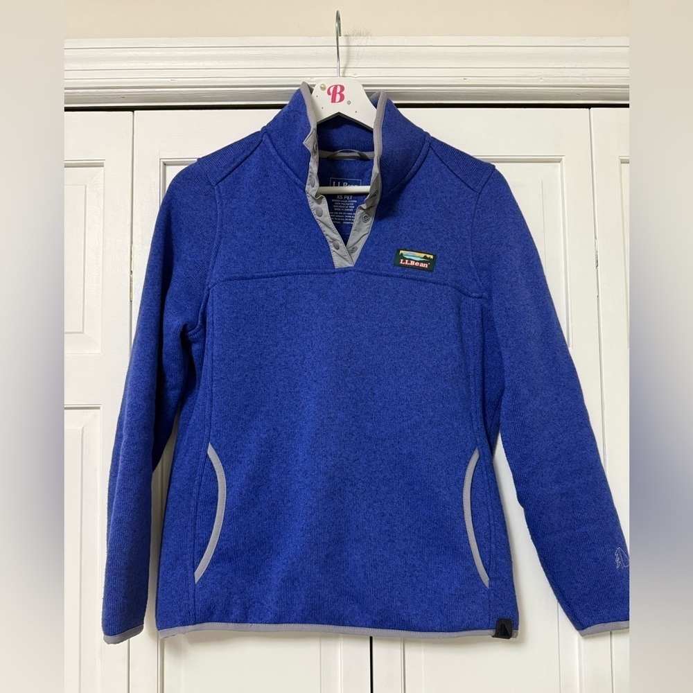 L.L. Bean Sweater Womens Fleece Pullover Blue Gray Kangaroo Pockets XS Petite